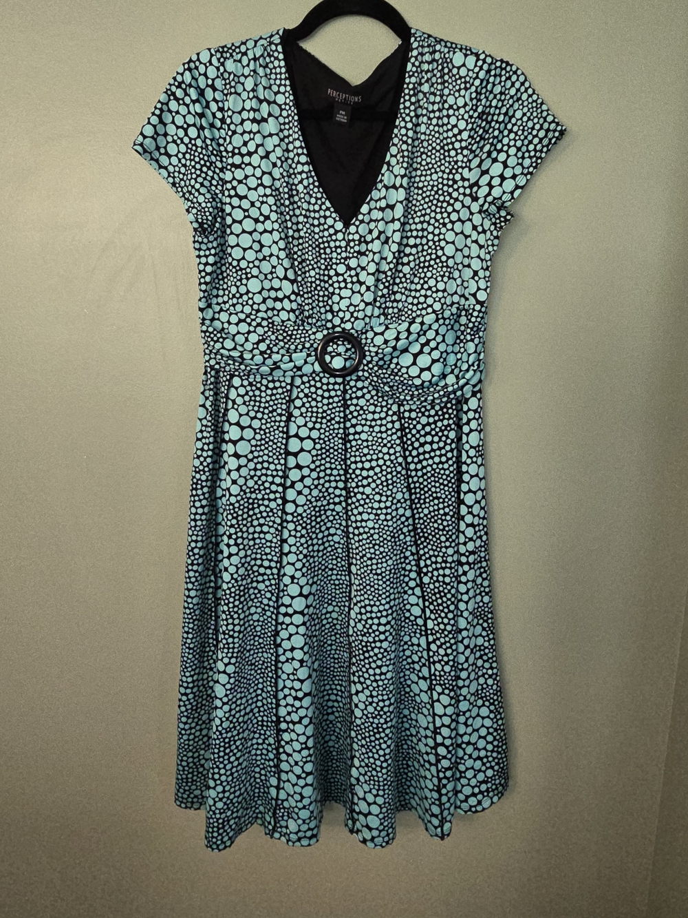 Perceptions Aqua and Black Polka Dot Belted V-Neck Dress